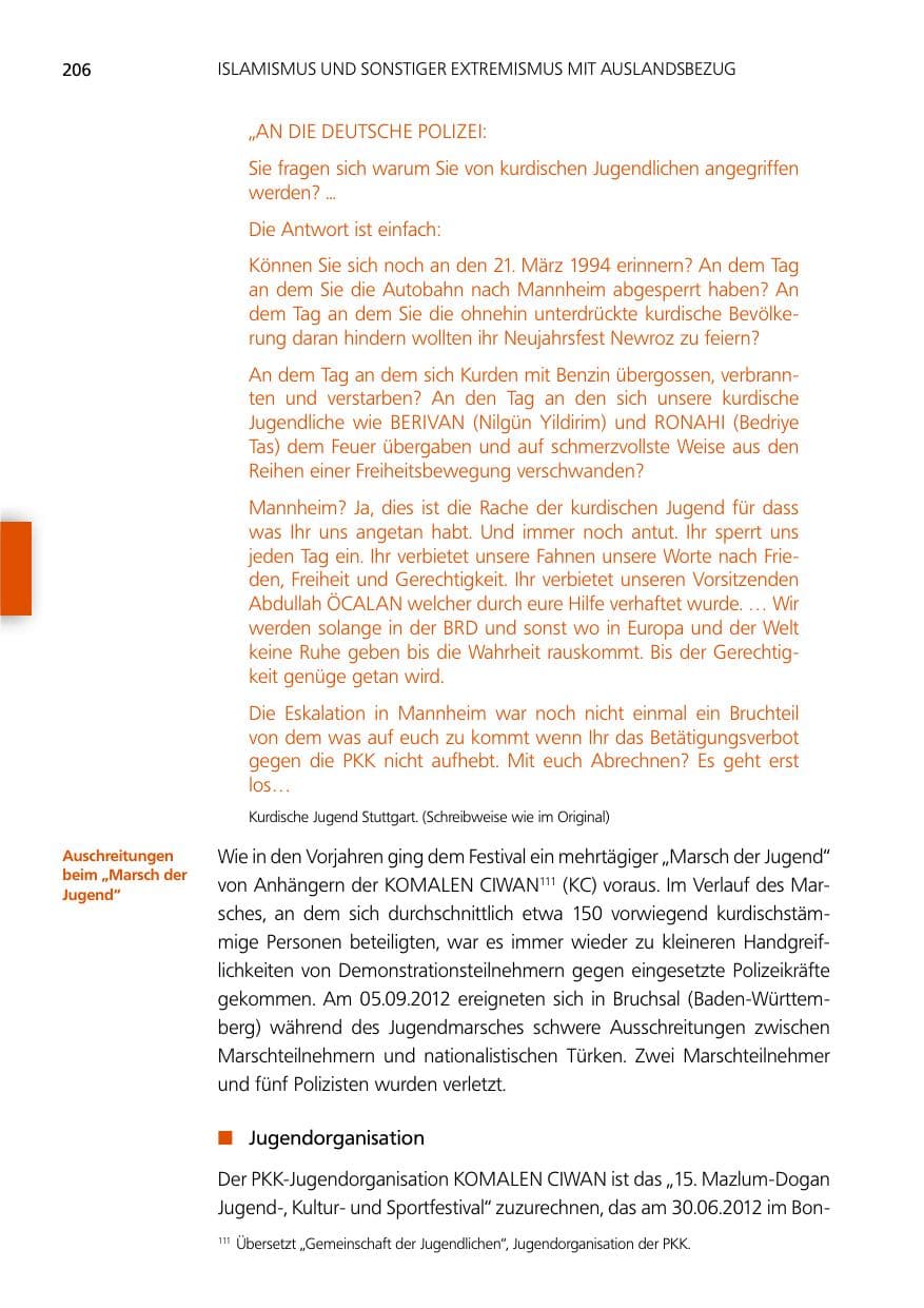 Seite 206 des Verfassungsschutzbericht 2012 Niedersachsen