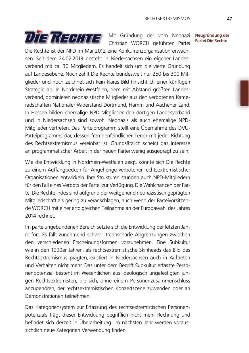 Seite 47 des Verfassungsschutzbericht 2012 Niedersachsen