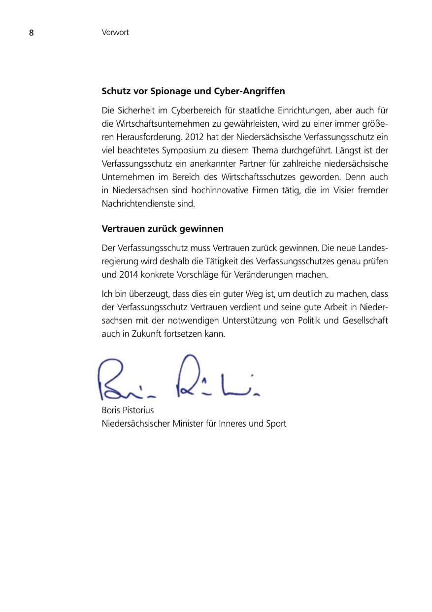 Seite 8 des Verfassungsschutzbericht 2012 Niedersachsen