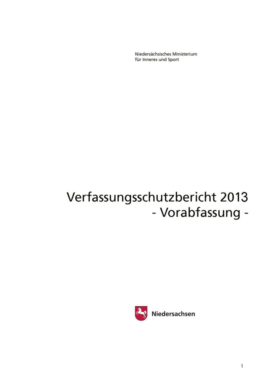 Seite 1 des Verfassungsschutzbericht 2013 Niedersachsen