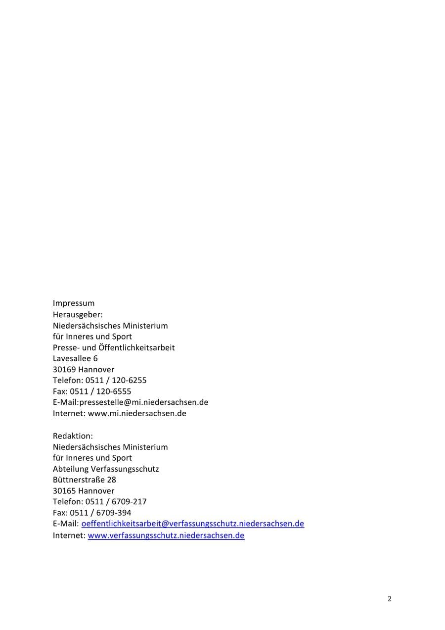 Seite 2 des Verfassungsschutzbericht 2013 Niedersachsen