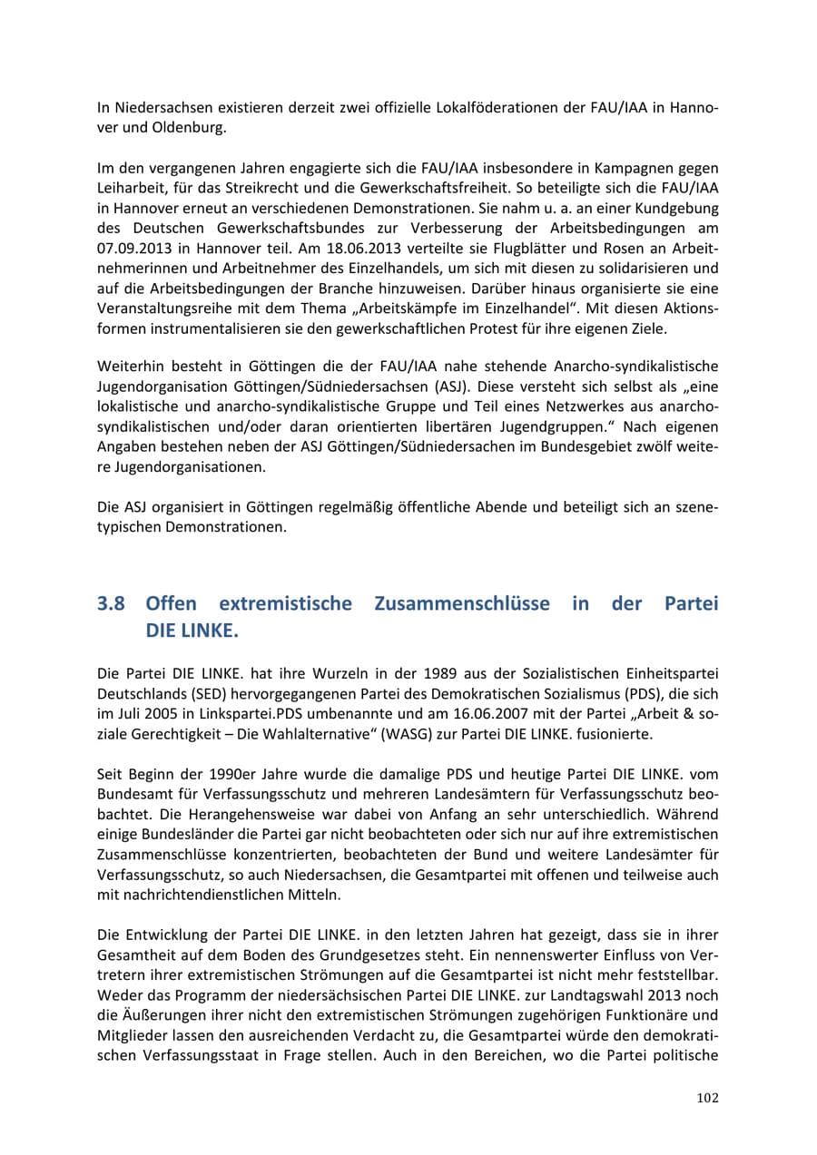 Seite 102 des Verfassungsschutzbericht 2013 Niedersachsen