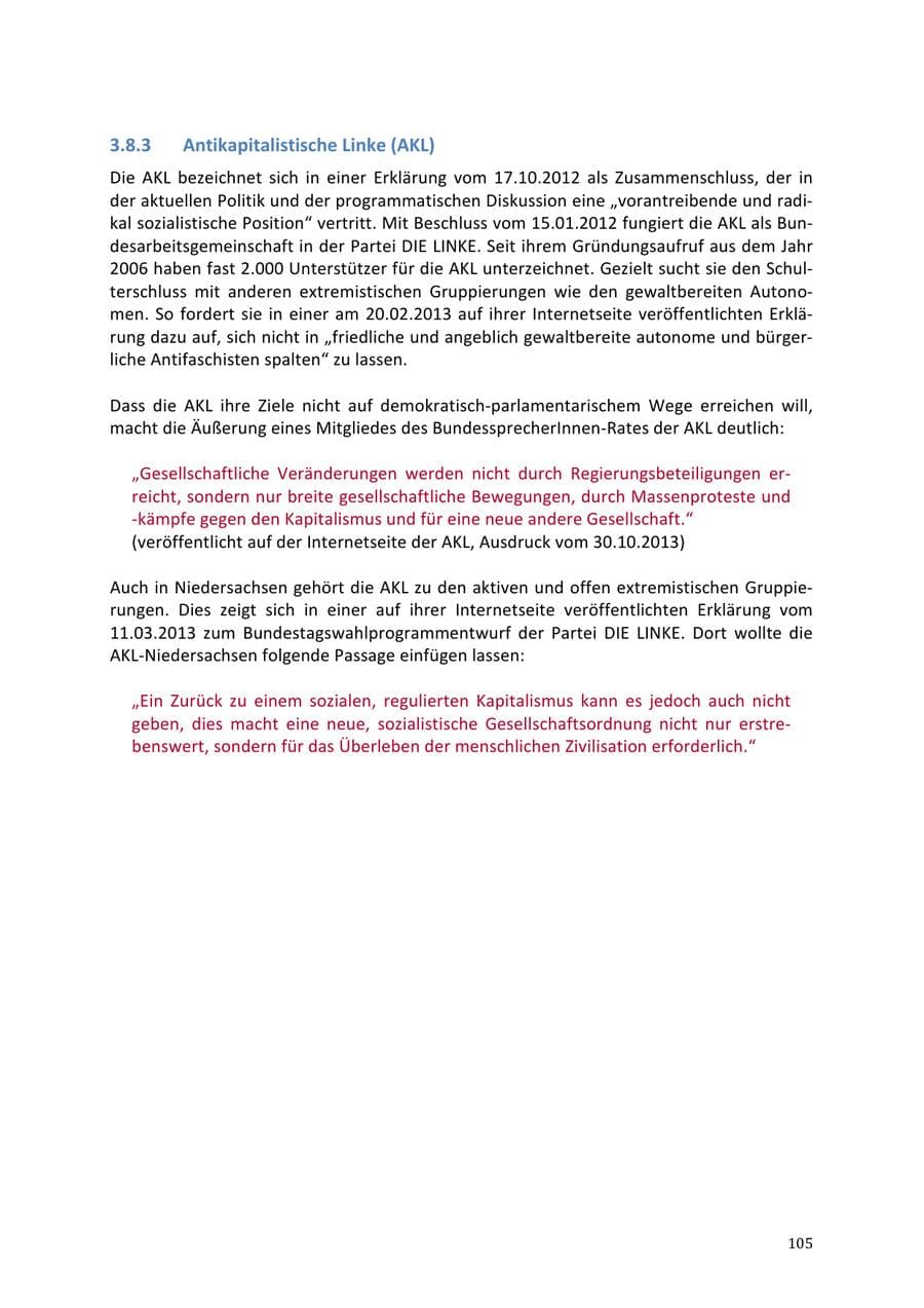 Seite 105 des Verfassungsschutzbericht 2013 Niedersachsen