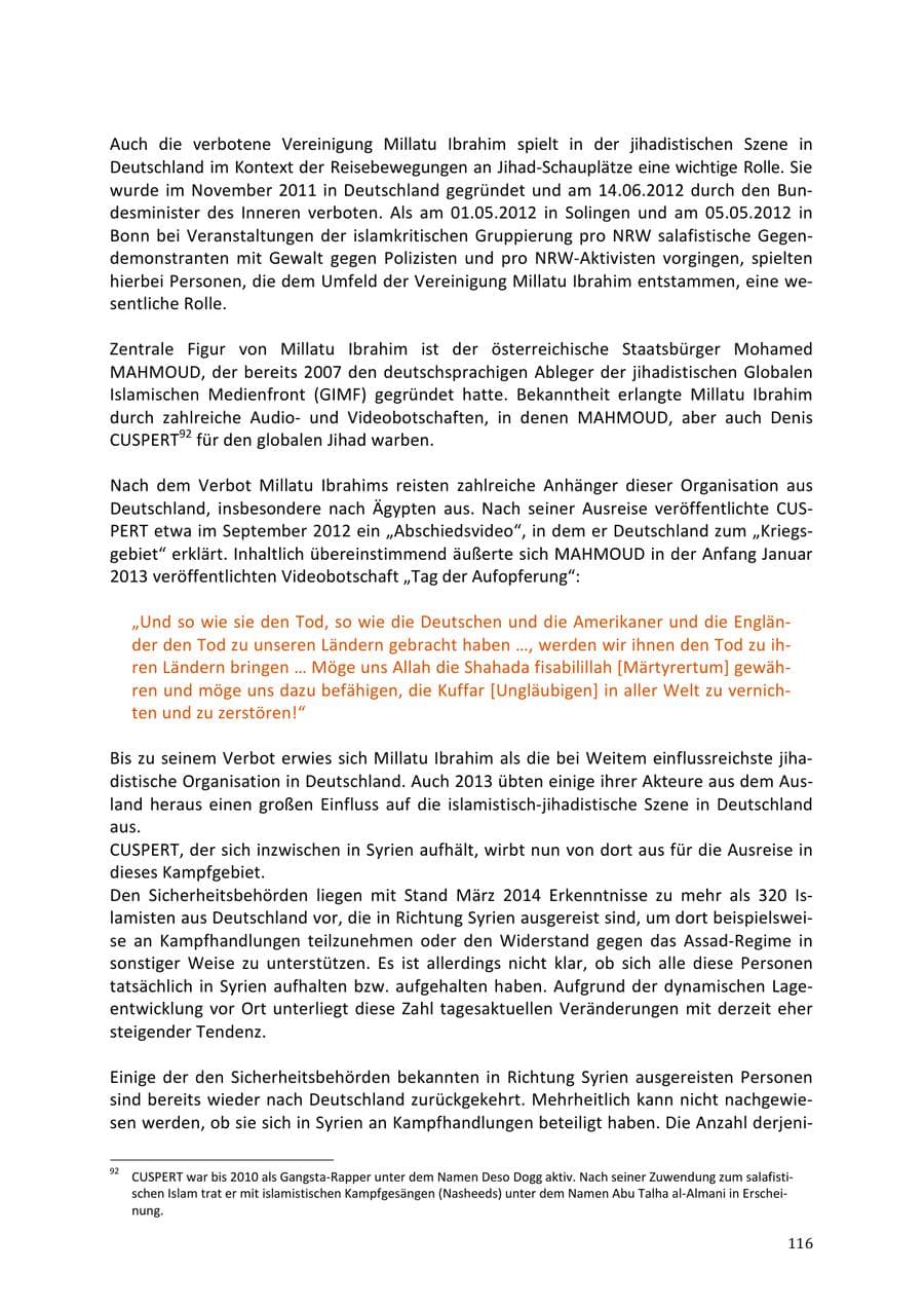 Seite 116 des Verfassungsschutzbericht 2013 Niedersachsen