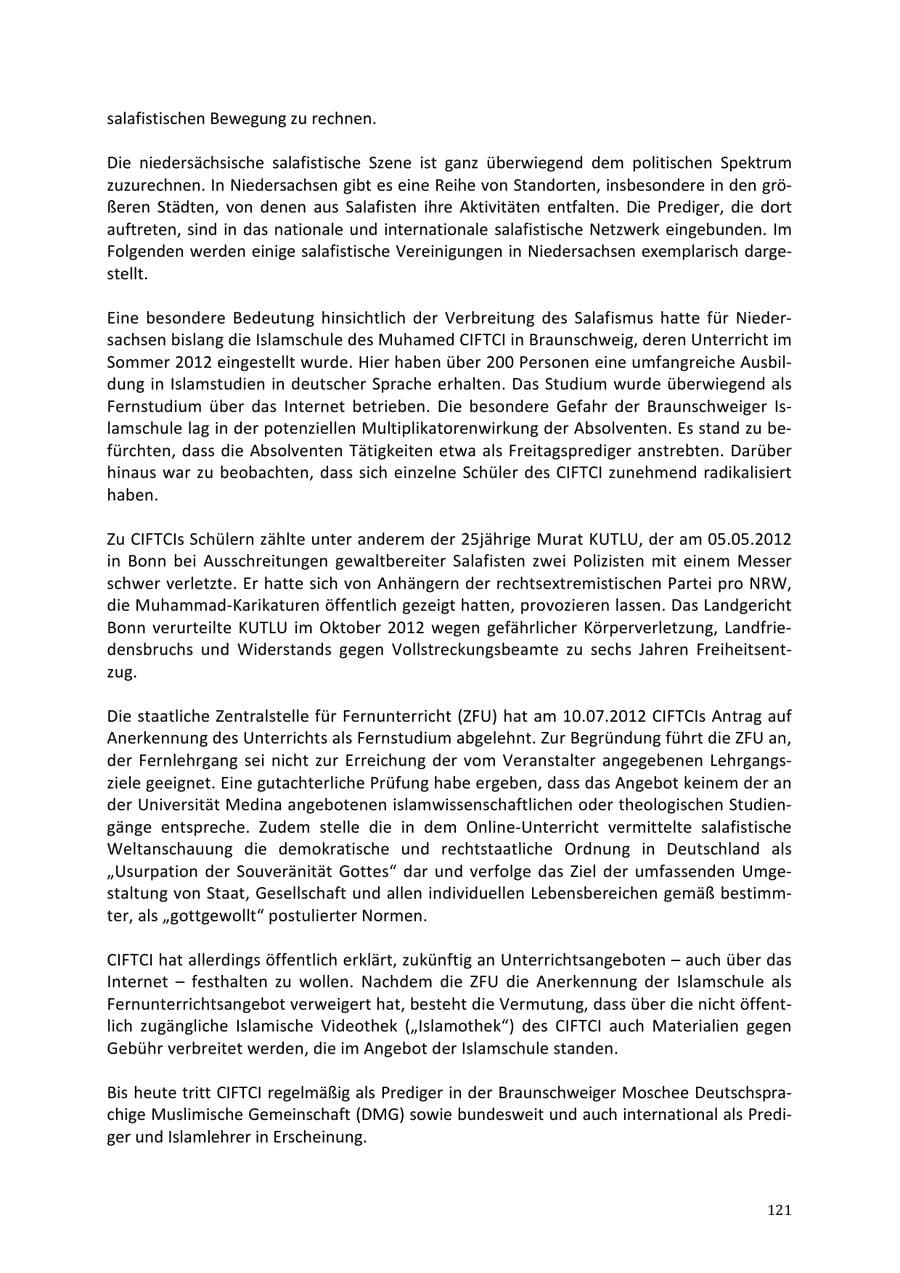 Seite 121 des Verfassungsschutzbericht 2013 Niedersachsen