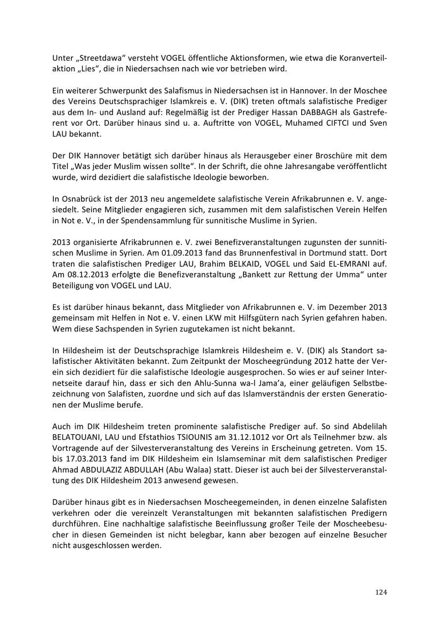 Seite 124 des Verfassungsschutzbericht 2013 Niedersachsen