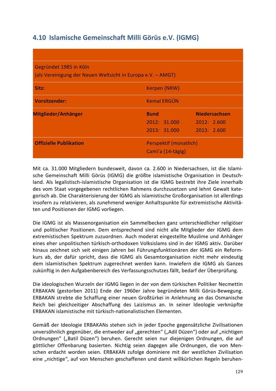 Seite 129 des Verfassungsschutzbericht 2013 Niedersachsen