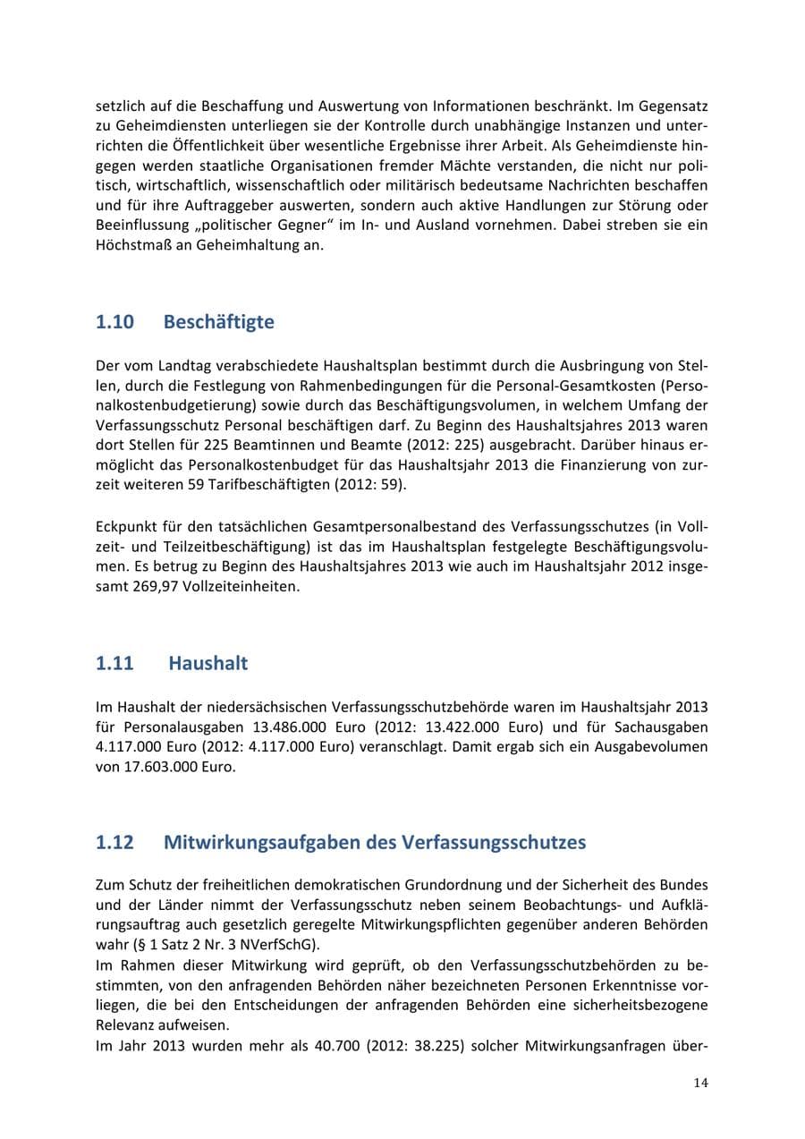 Seite 14 des Verfassungsschutzbericht 2013 Niedersachsen