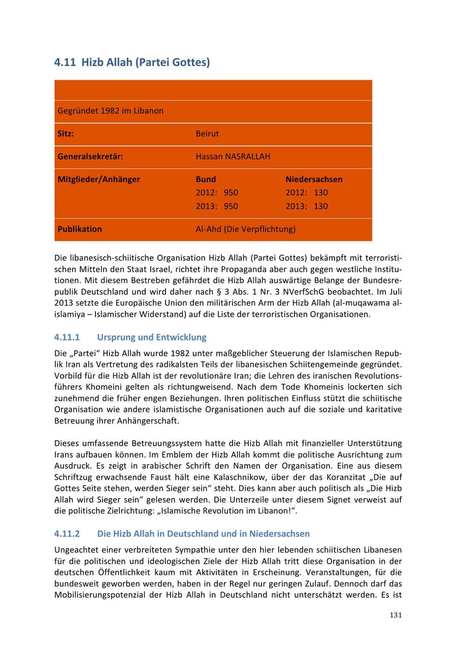 Seite 131 des Verfassungsschutzbericht 2013 Niedersachsen