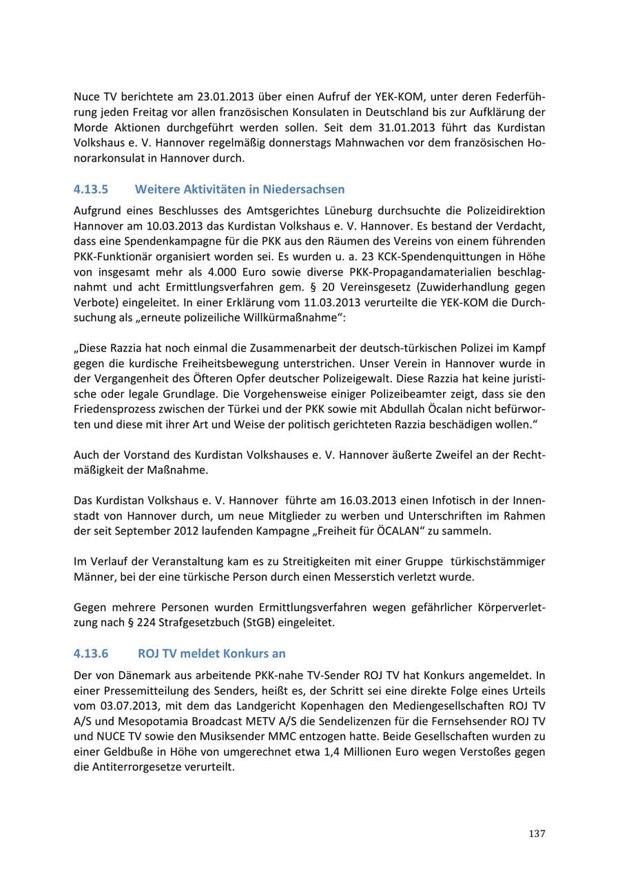 Seite 137 des Verfassungsschutzbericht 2013 Niedersachsen
