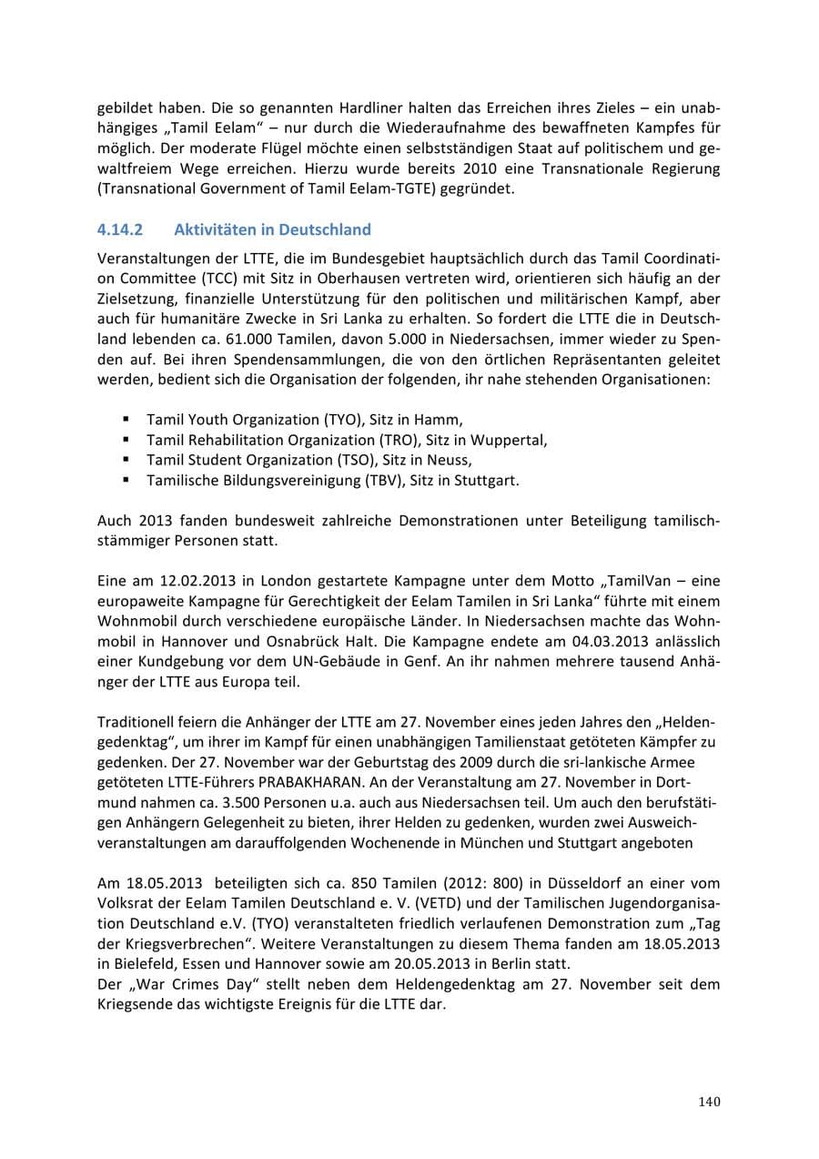Seite 140 des Verfassungsschutzbericht 2013 Niedersachsen
