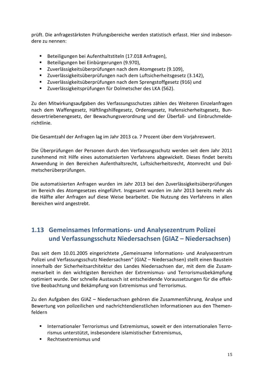Seite 15 des Verfassungsschutzbericht 2013 Niedersachsen