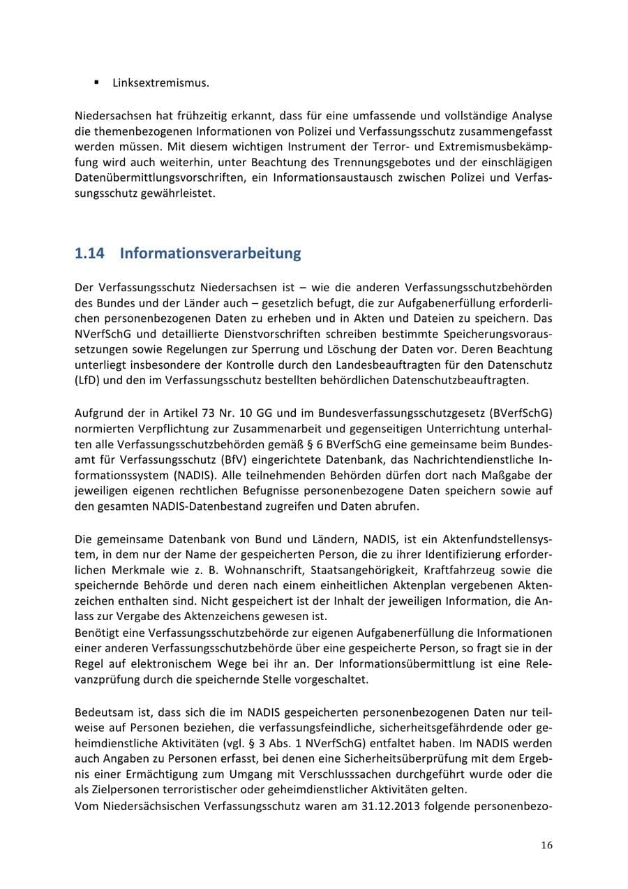 Seite 16 des Verfassungsschutzbericht 2013 Niedersachsen