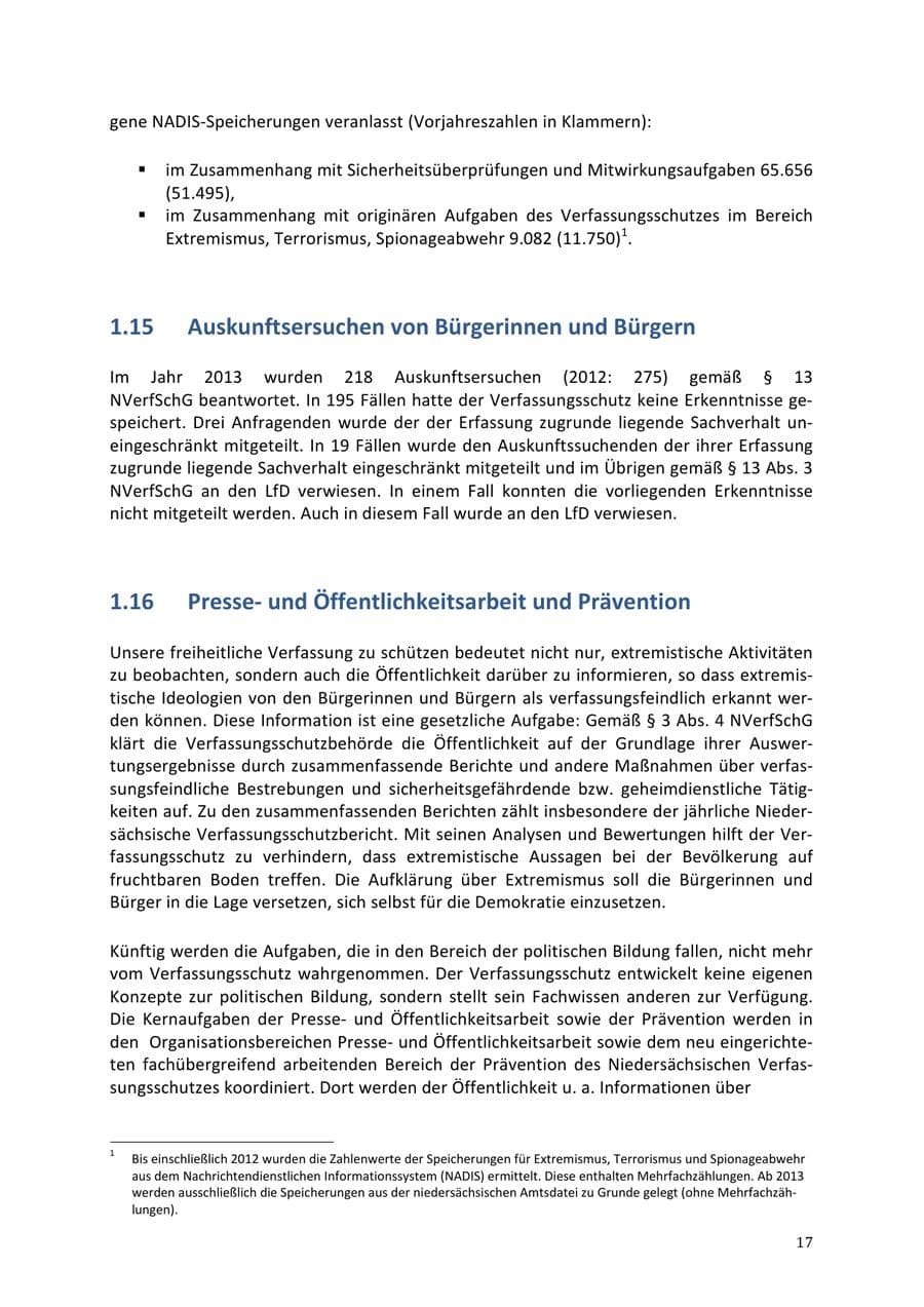 Seite 17 des Verfassungsschutzbericht 2013 Niedersachsen