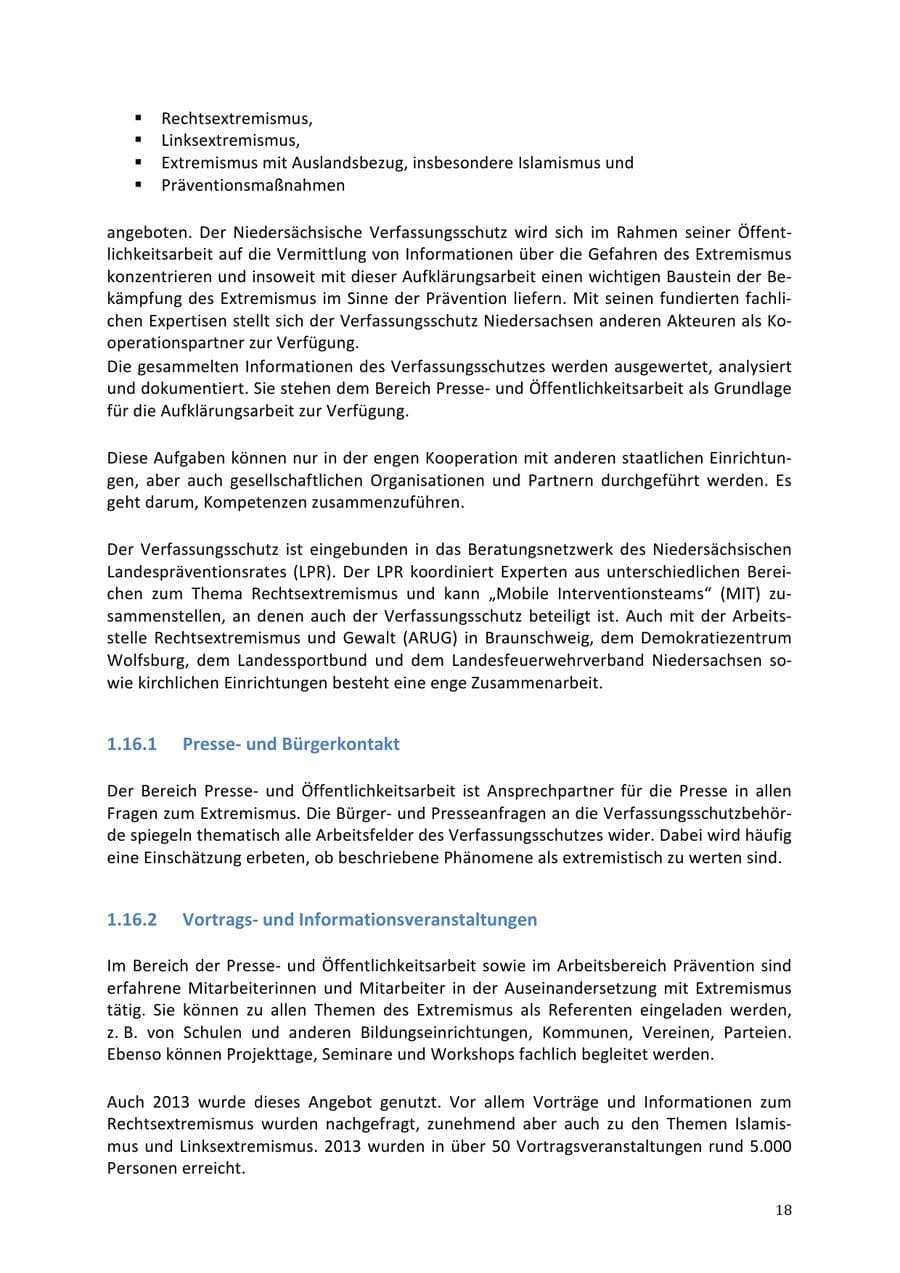 Seite 18 des Verfassungsschutzbericht 2013 Niedersachsen