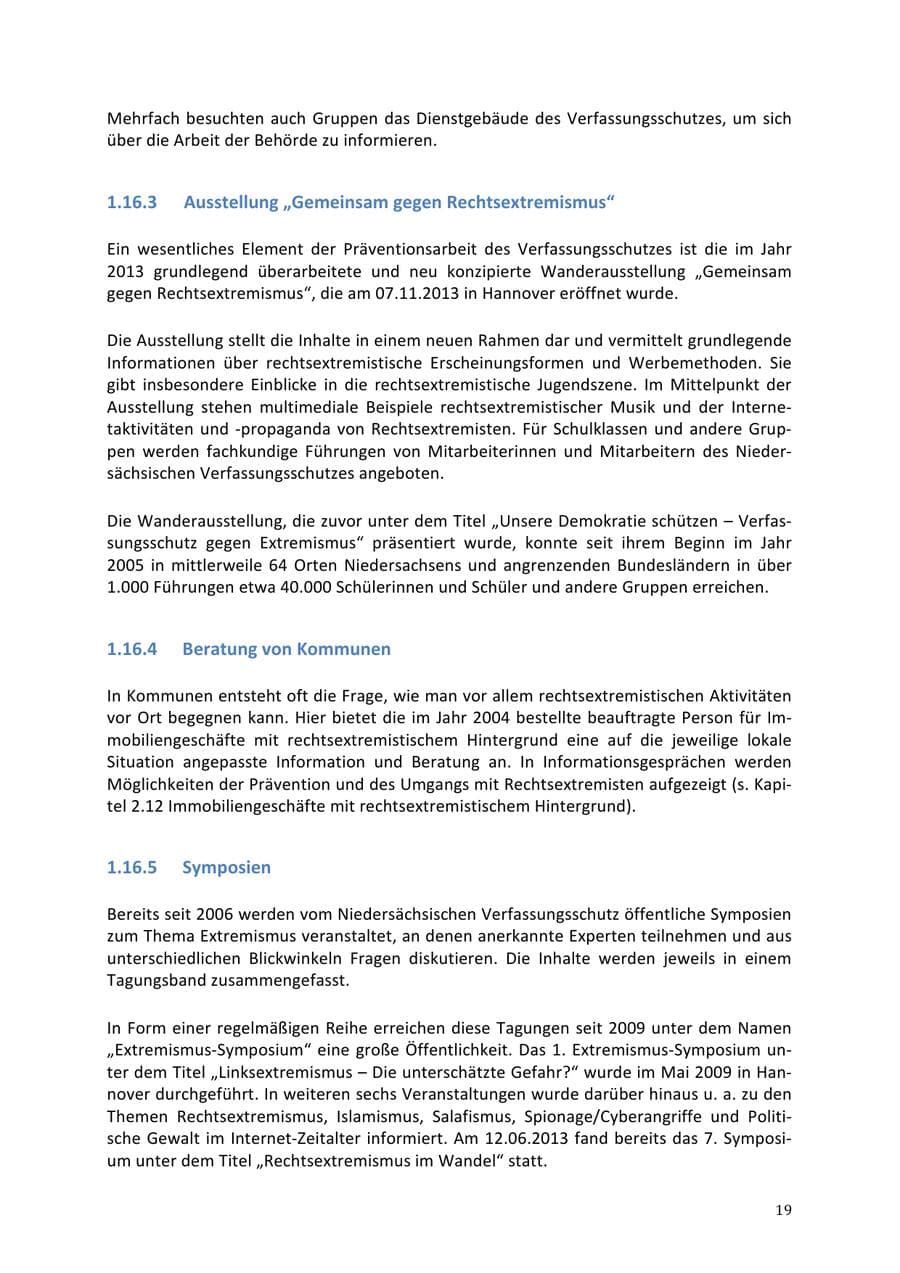 Seite 19 des Verfassungsschutzbericht 2013 Niedersachsen