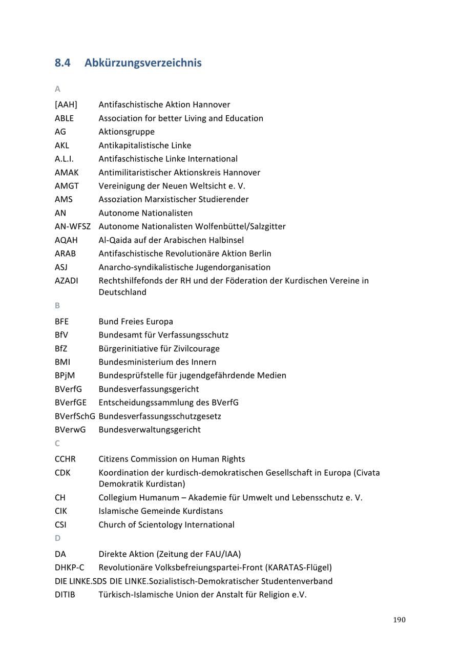 Seite 190 des Verfassungsschutzbericht 2013 Niedersachsen