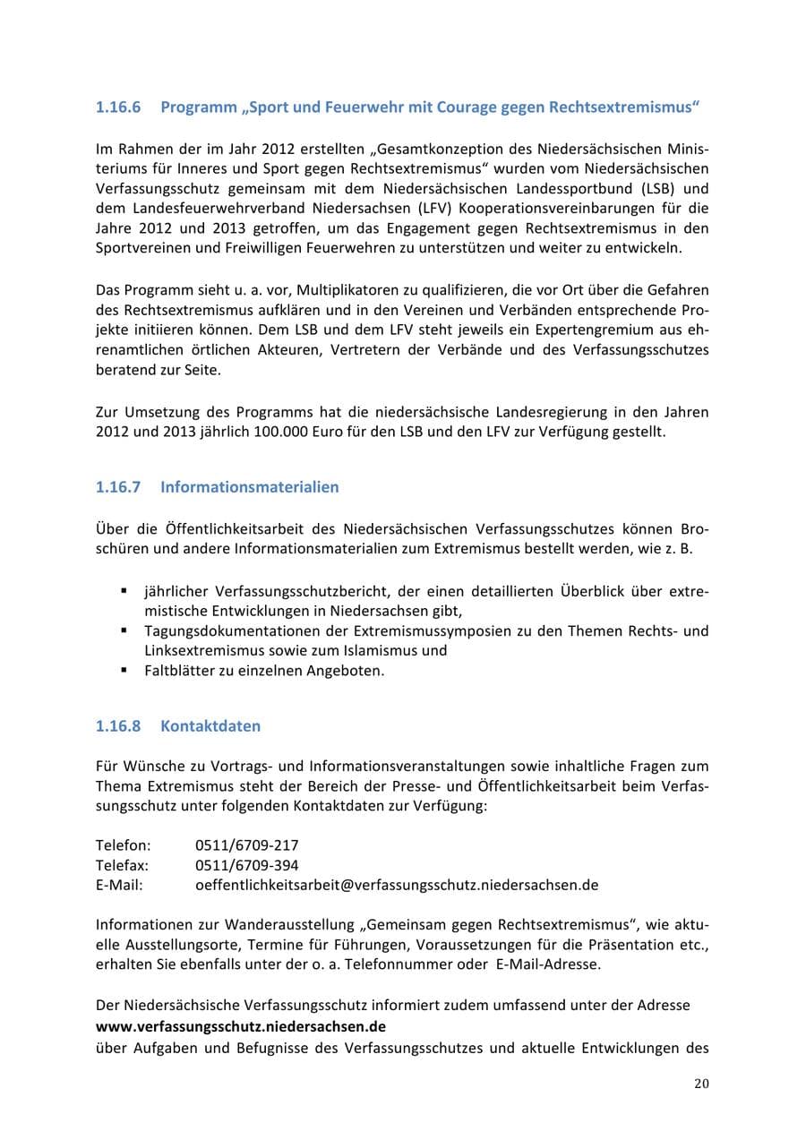 Seite 20 des Verfassungsschutzbericht 2013 Niedersachsen