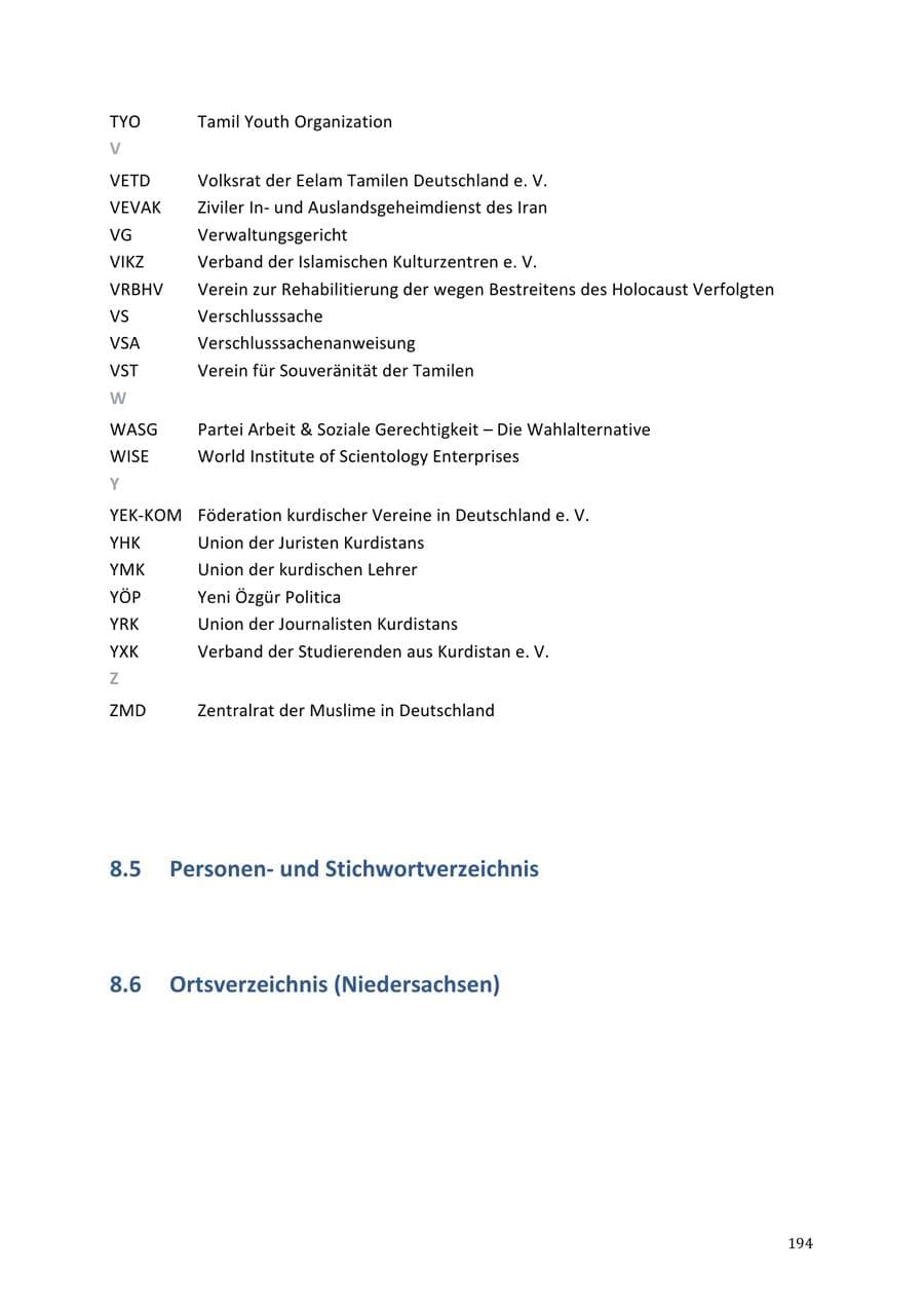Seite 194 des Verfassungsschutzbericht 2013 Niedersachsen