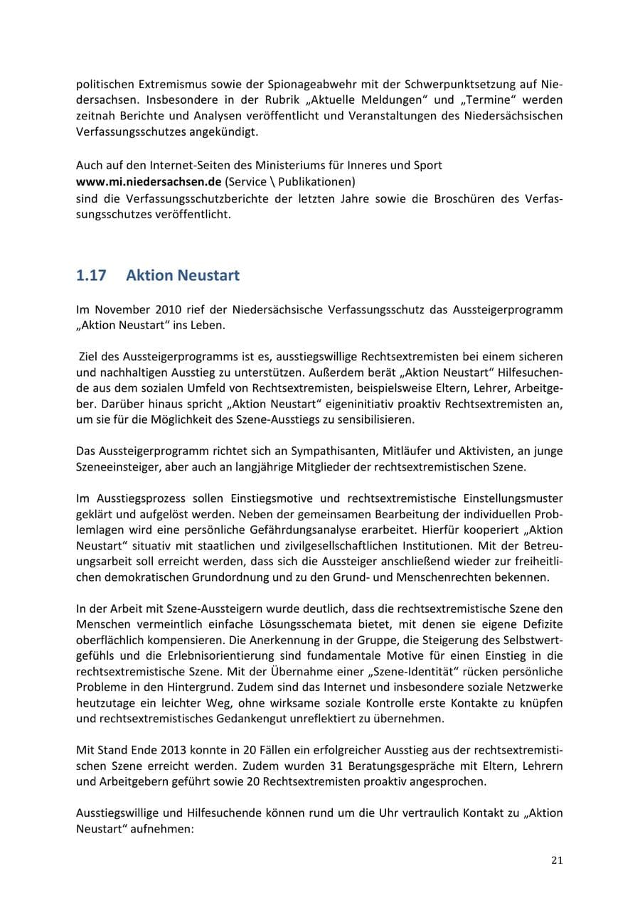 Seite 21 des Verfassungsschutzbericht 2013 Niedersachsen