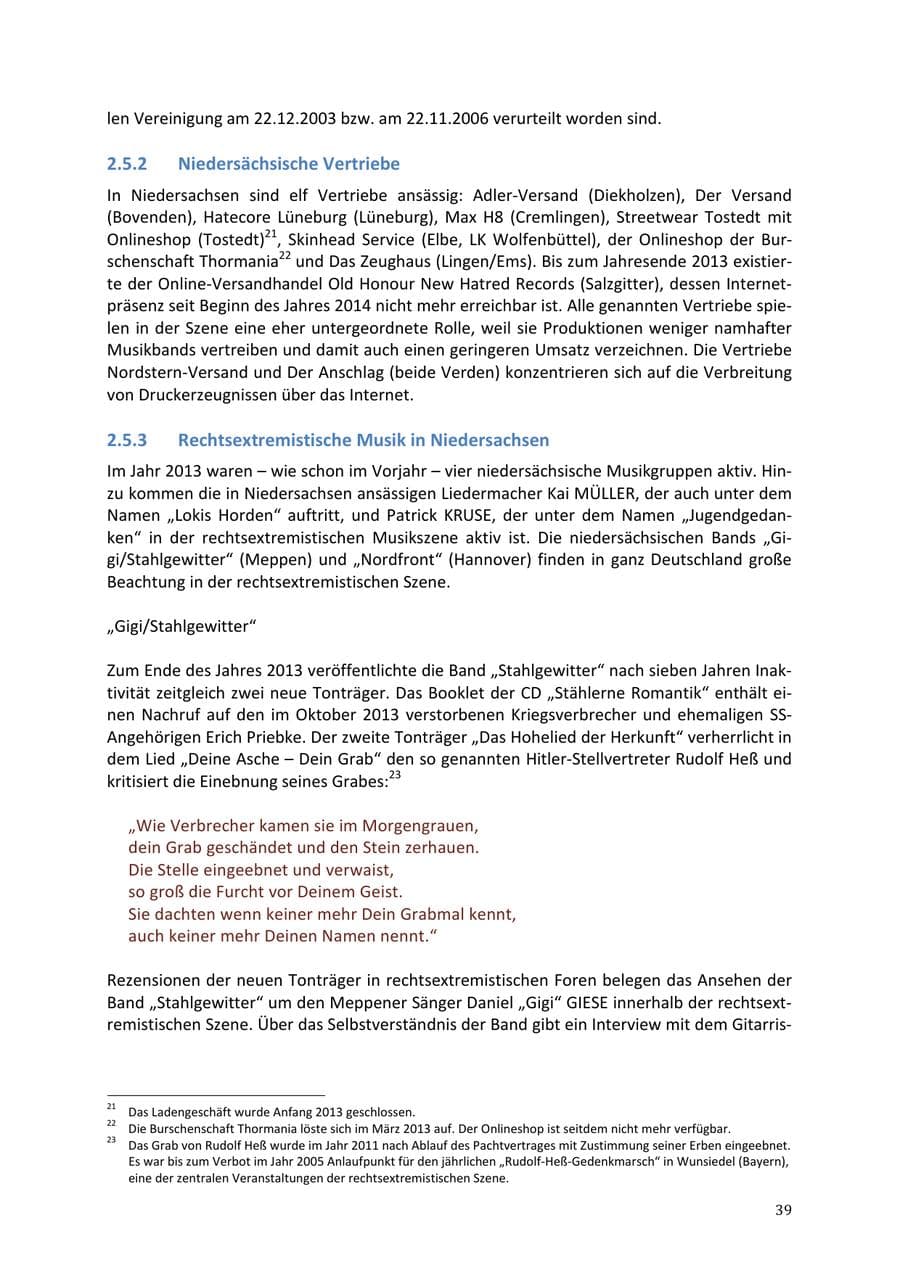 Seite 39 des Verfassungsschutzbericht 2013 Niedersachsen