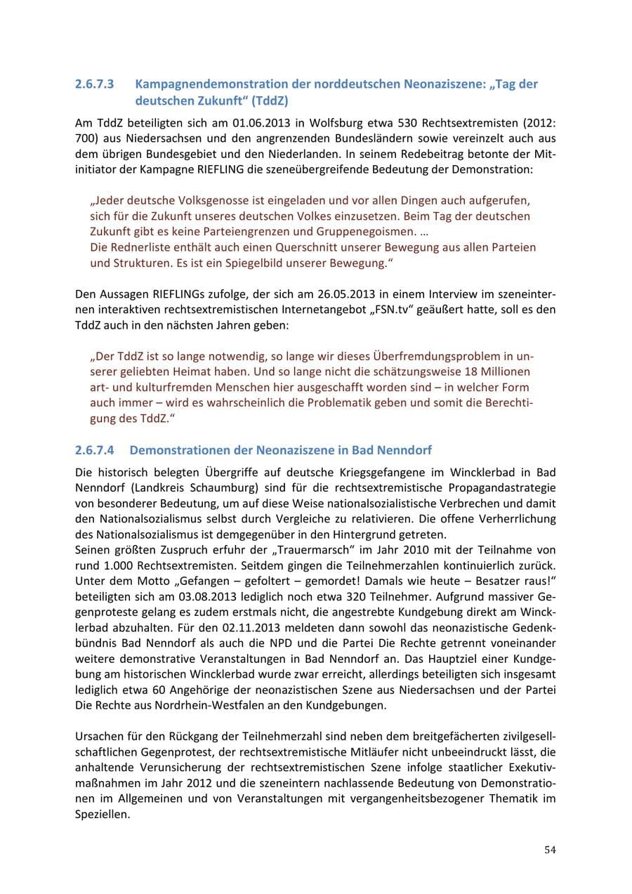 Seite 54 des Verfassungsschutzbericht 2013 Niedersachsen