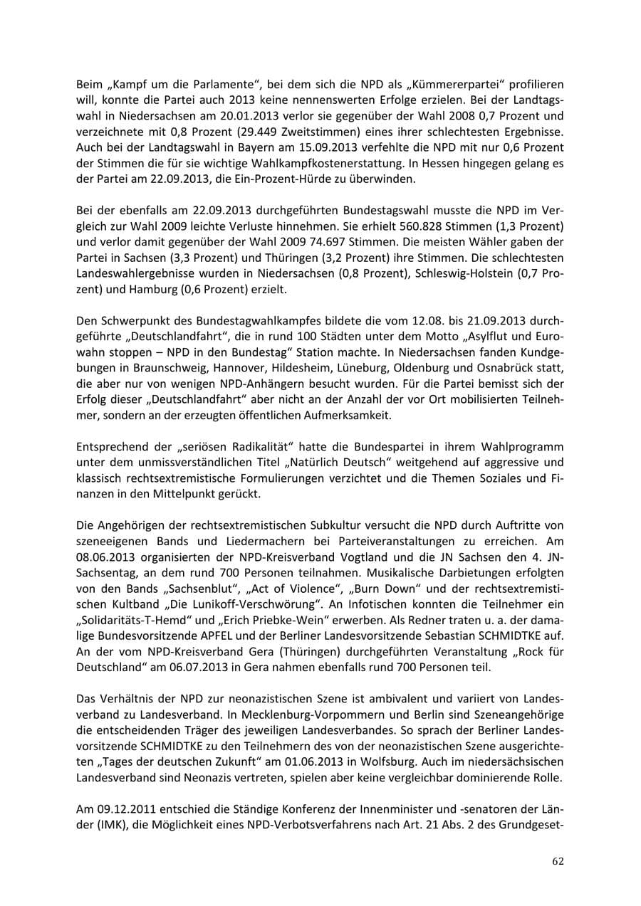 Seite 62 des Verfassungsschutzbericht 2013 Niedersachsen
