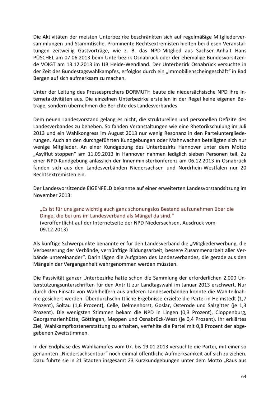 Seite 64 des Verfassungsschutzbericht 2013 Niedersachsen