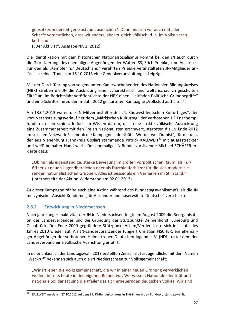Seite 67 des Verfassungsschutzbericht 2013 Niedersachsen