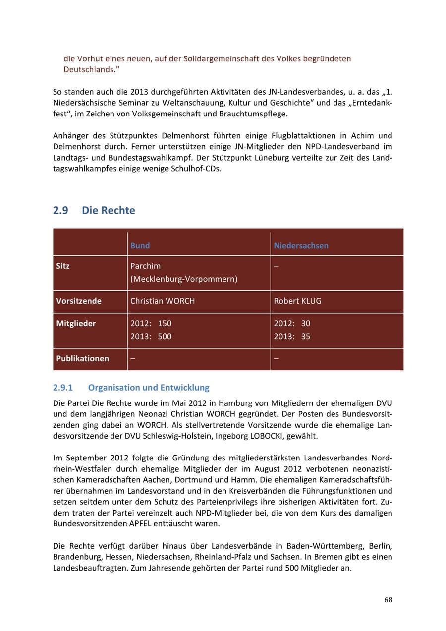 Seite 68 des Verfassungsschutzbericht 2013 Niedersachsen
