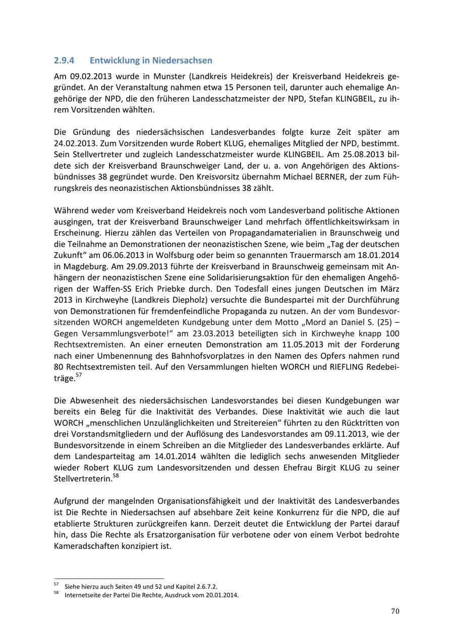 Seite 70 des Verfassungsschutzbericht 2013 Niedersachsen