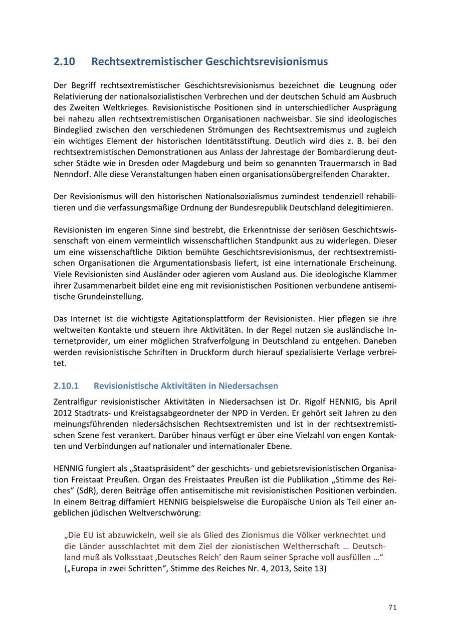 Seite 71 des Verfassungsschutzbericht 2013 Niedersachsen