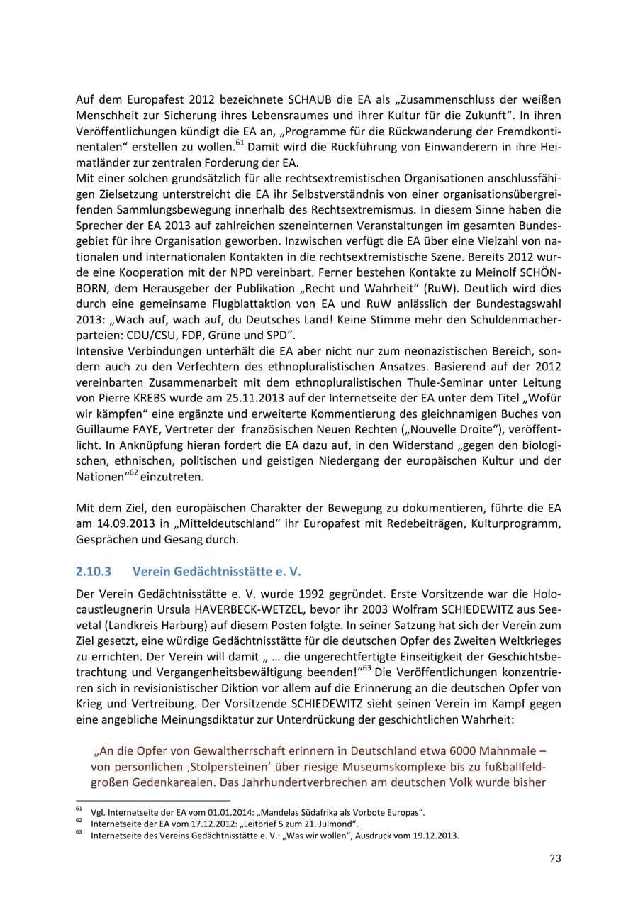 Seite 73 des Verfassungsschutzbericht 2013 Niedersachsen