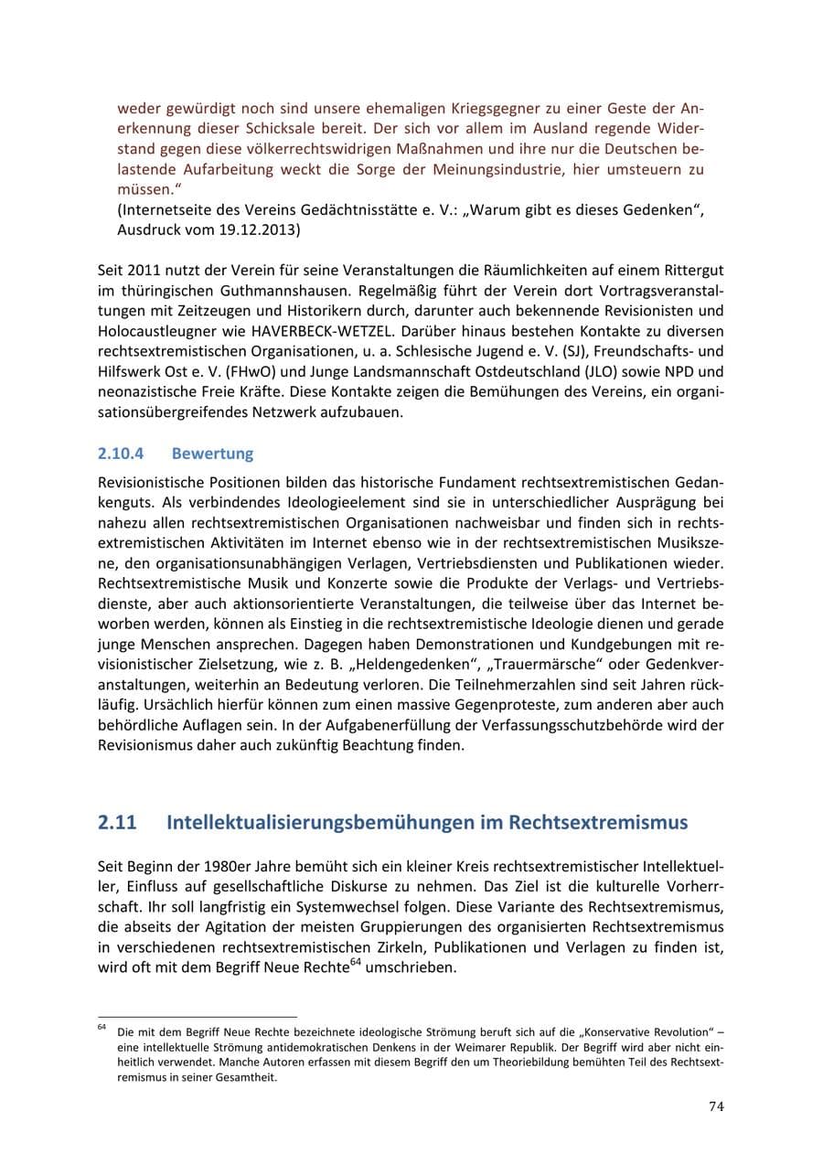 Seite 74 des Verfassungsschutzbericht 2013 Niedersachsen