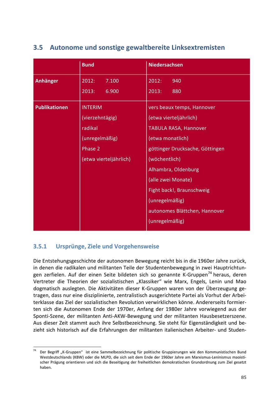 Seite 85 des Verfassungsschutzbericht 2013 Niedersachsen