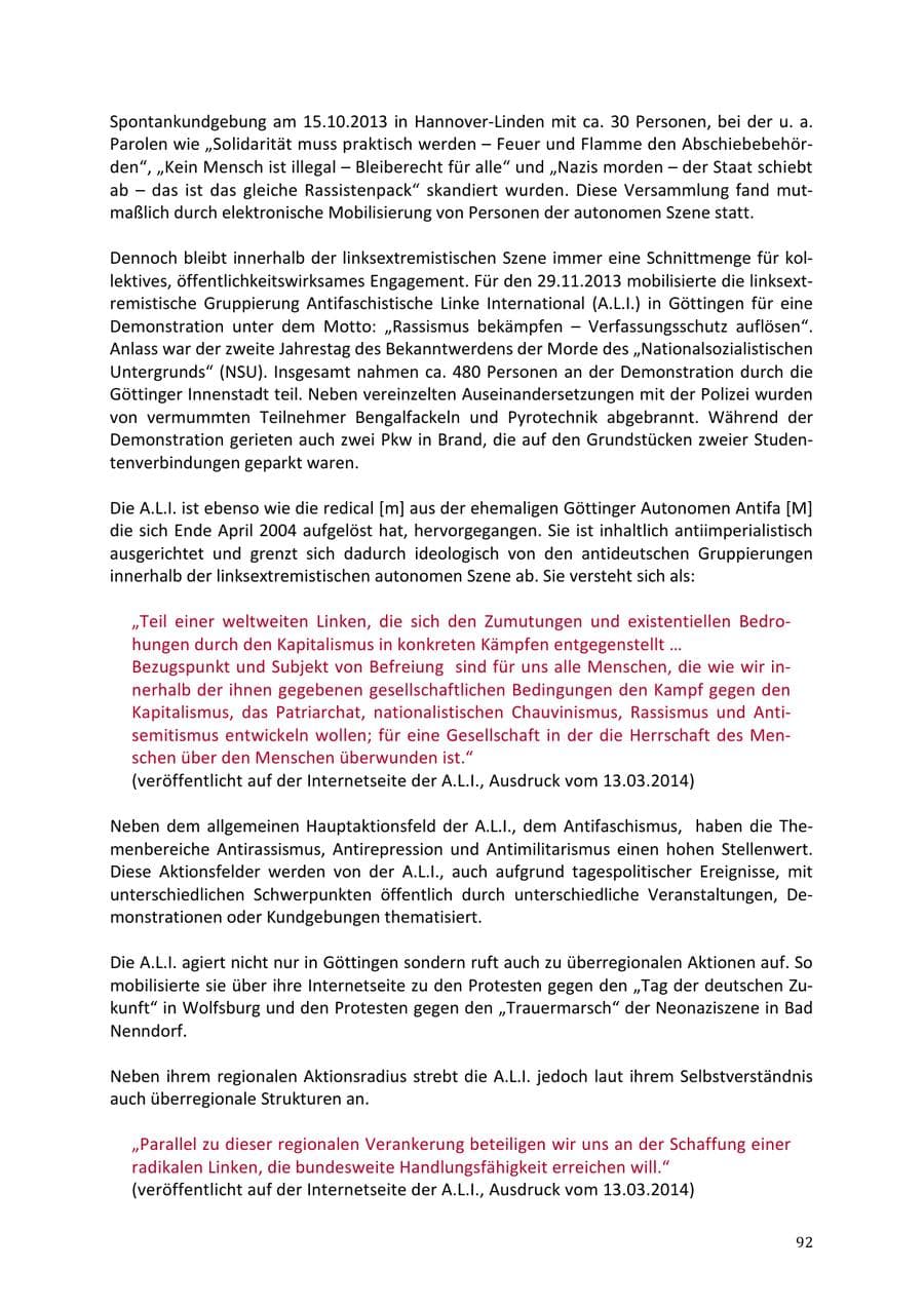 Seite 92 des Verfassungsschutzbericht 2013 Niedersachsen