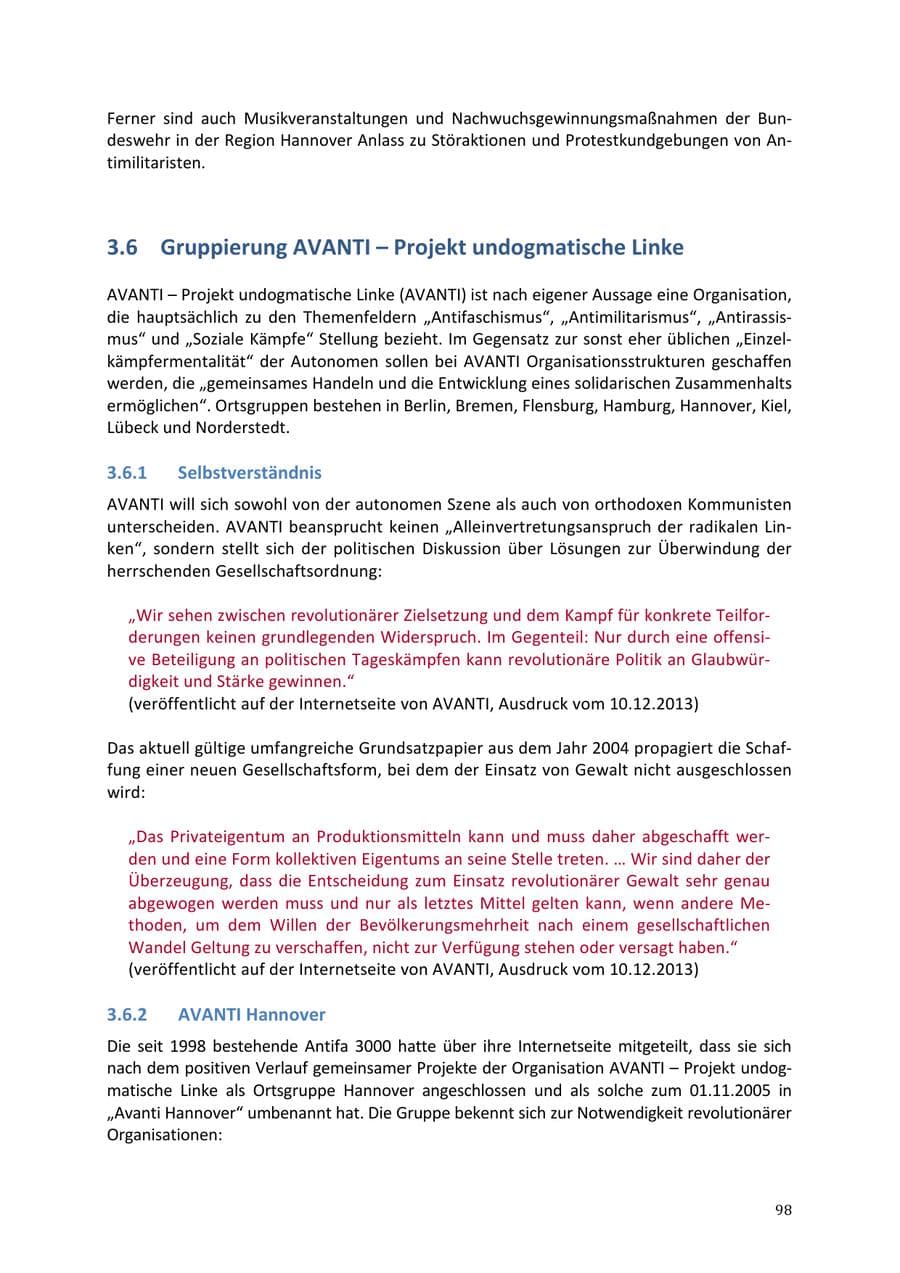 Seite 98 des Verfassungsschutzbericht 2013 Niedersachsen
