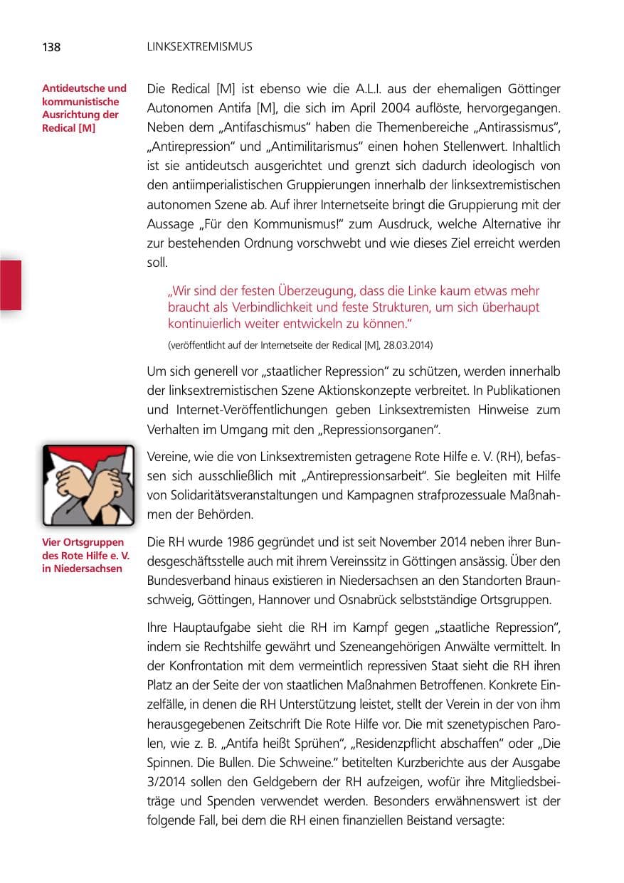 Seite 138 des Verfassungsschutzbericht 2014 Niedersachsen