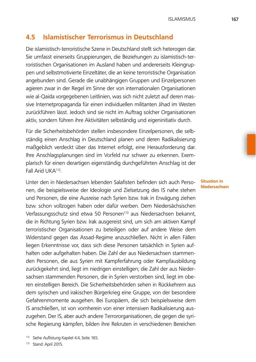 Seite 167 des Verfassungsschutzbericht 2014 Niedersachsen