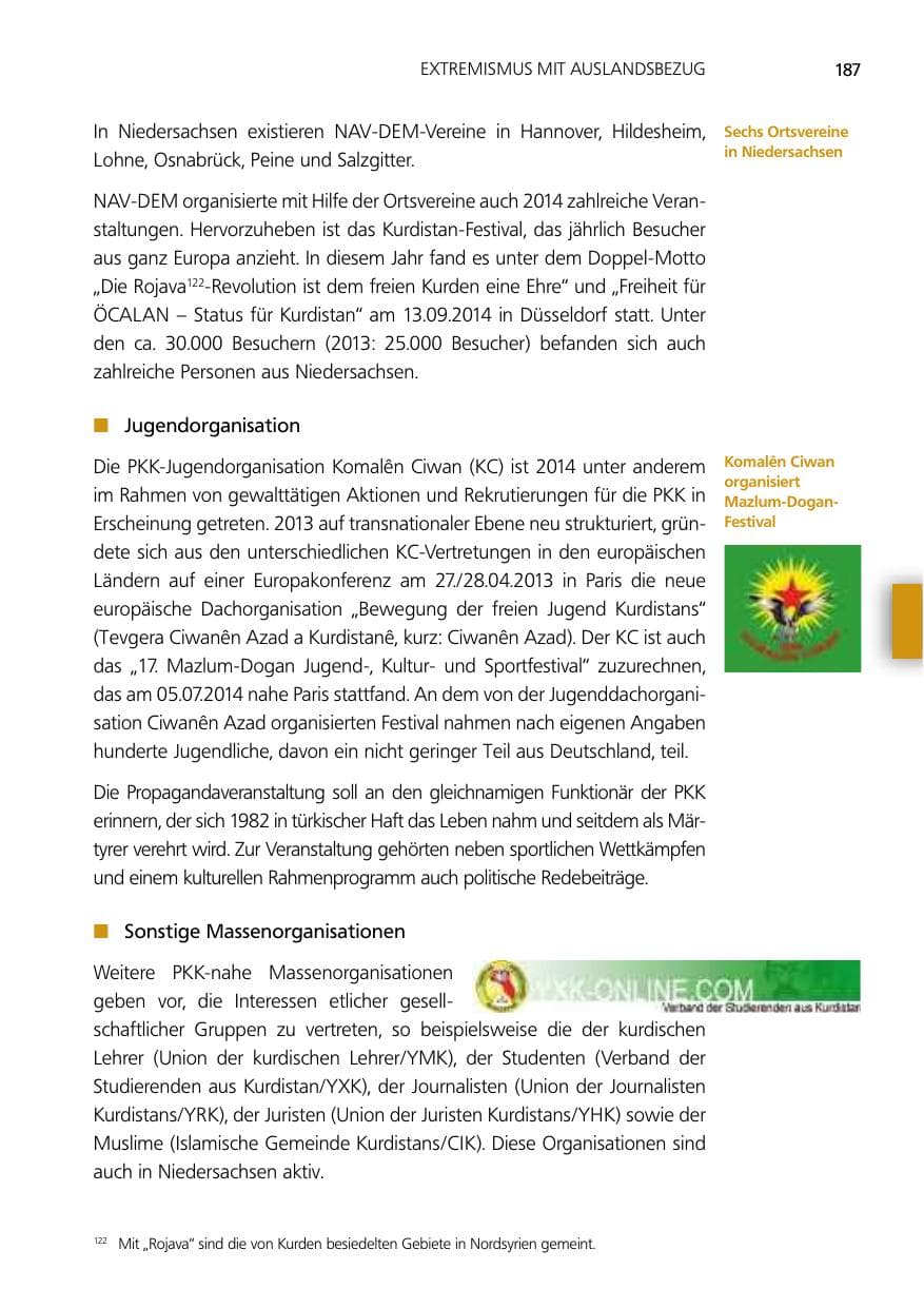 Seite 187 des Verfassungsschutzbericht 2014 Niedersachsen