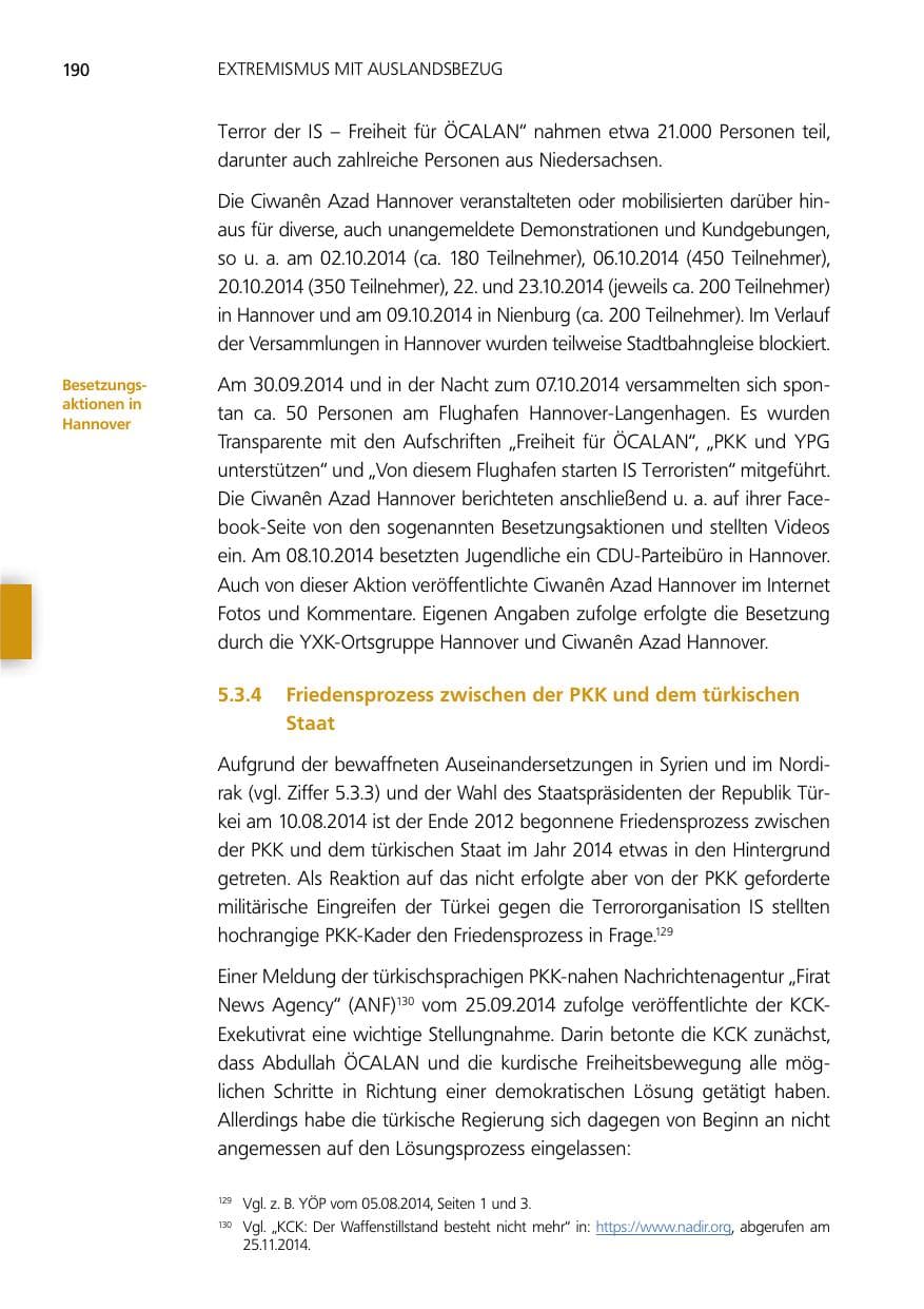 Seite 190 des Verfassungsschutzbericht 2014 Niedersachsen