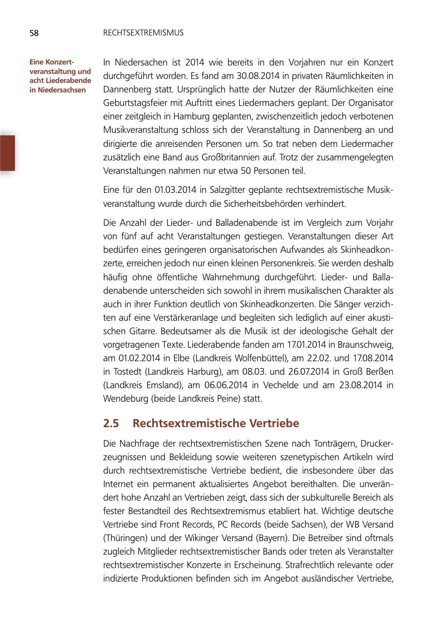 Seite 58 des Verfassungsschutzbericht 2014 Niedersachsen