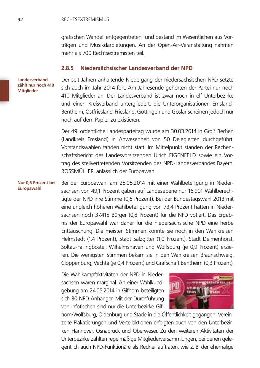 Seite 92 des Verfassungsschutzbericht 2014 Niedersachsen