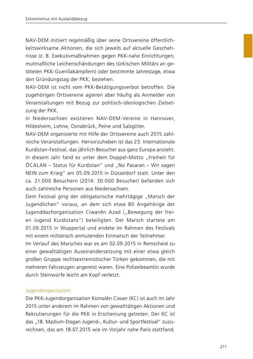 Seite 213 des Verfassungsschutzbericht 2015 Niedersachsen