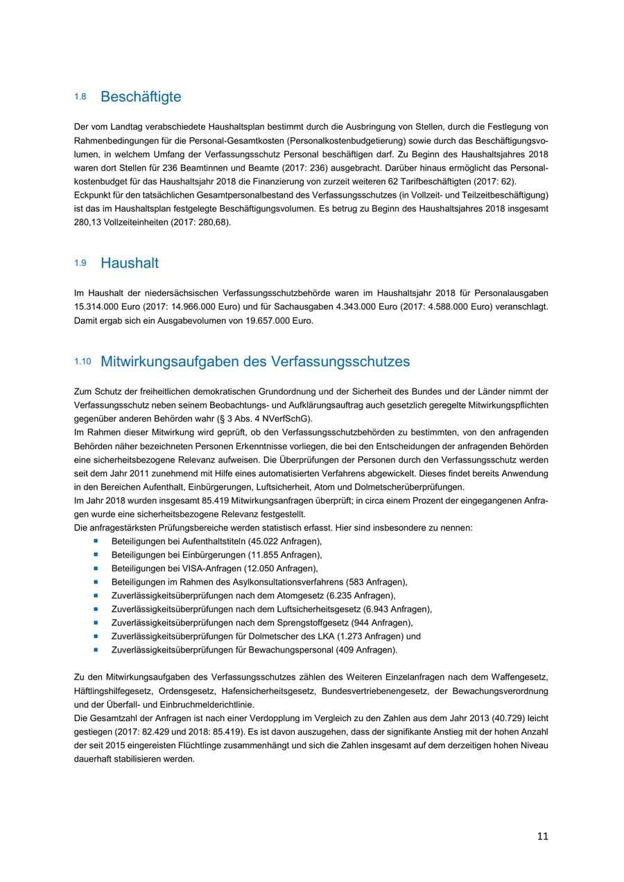 Seite 11 des Verfassungsschutzbericht 2018 Niedersachsen