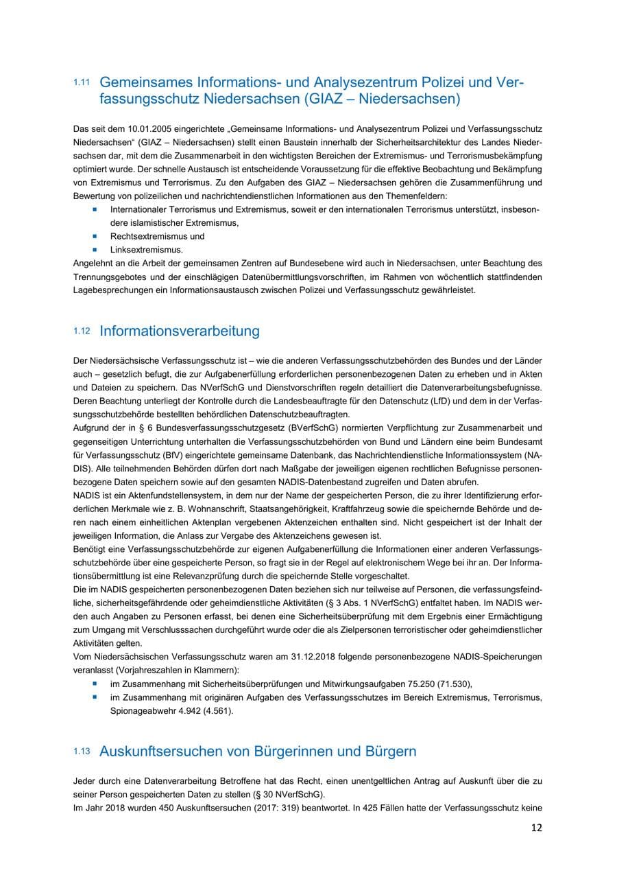 Seite 12 des Verfassungsschutzbericht 2018 Niedersachsen
