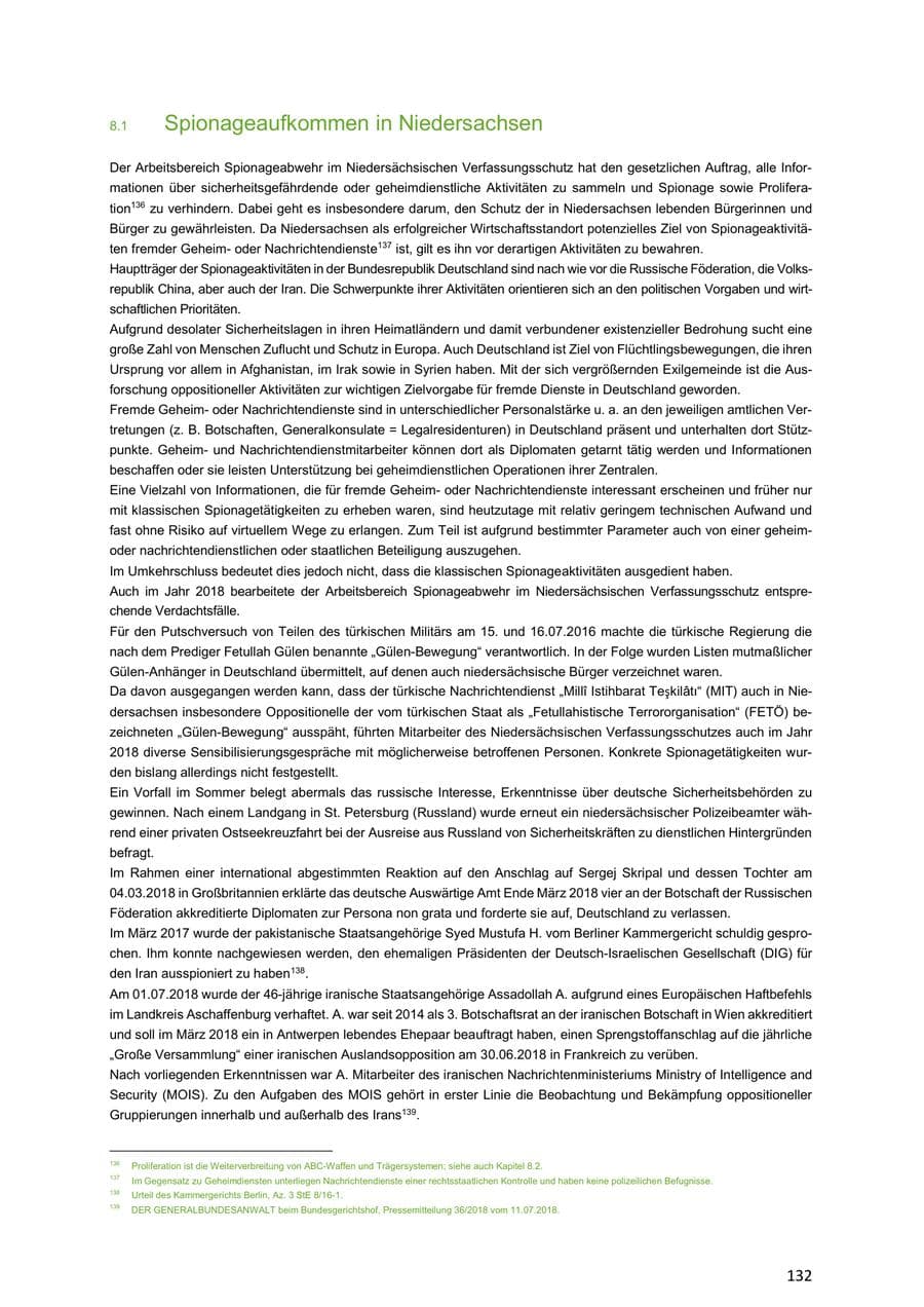 Seite 132 des Verfassungsschutzbericht 2018 Niedersachsen
