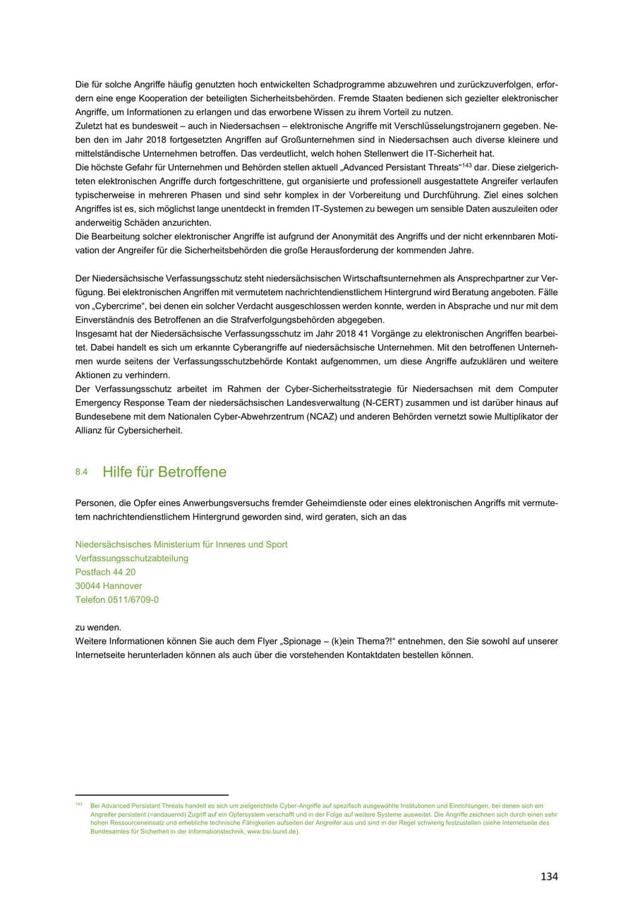Seite 134 des Verfassungsschutzbericht 2018 Niedersachsen