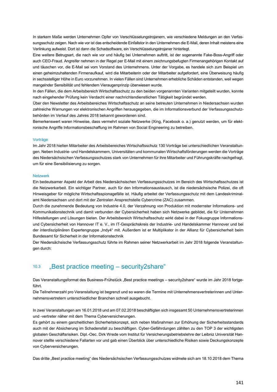 Seite 141 des Verfassungsschutzbericht 2018 Niedersachsen