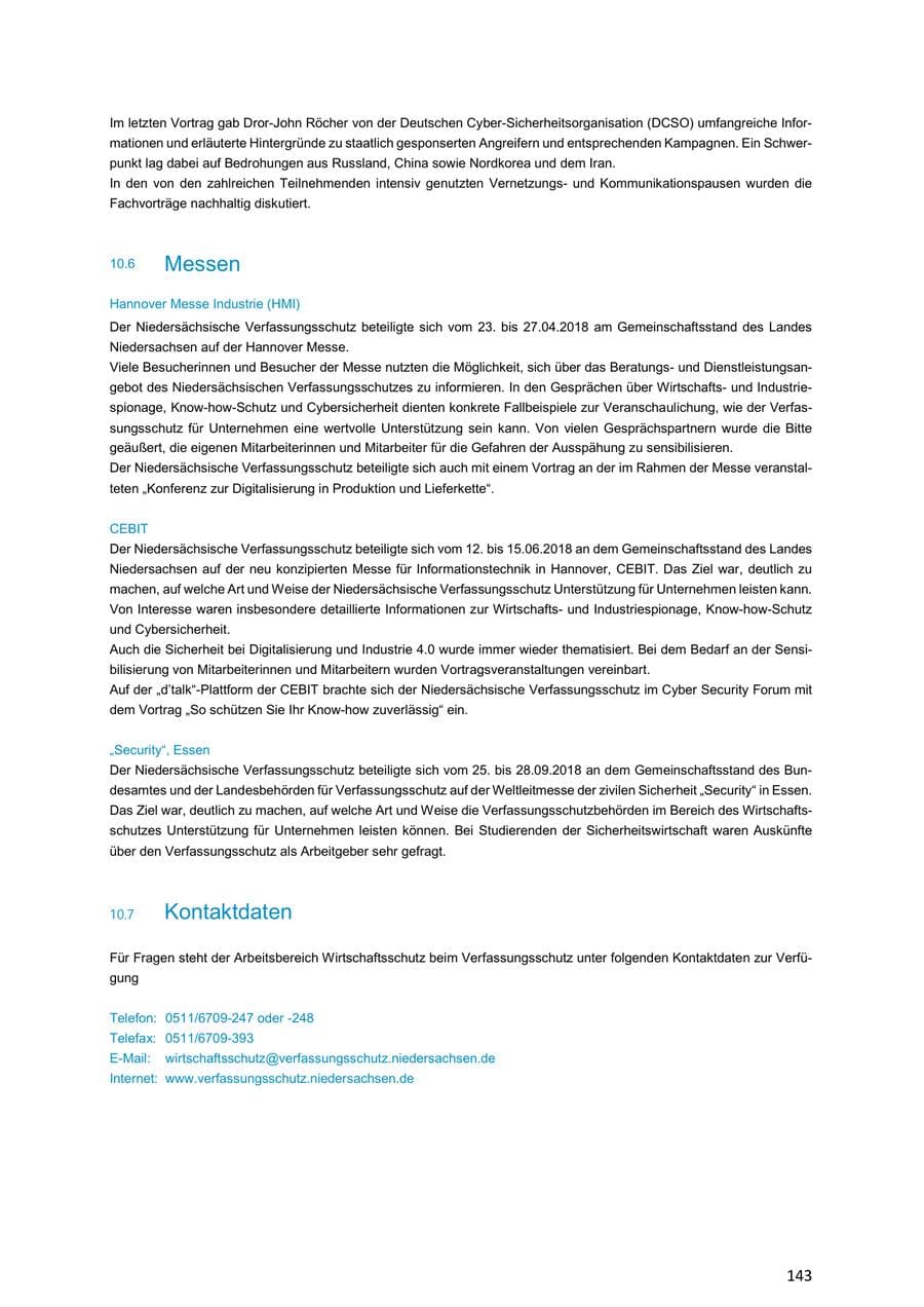 Seite 143 des Verfassungsschutzbericht 2018 Niedersachsen